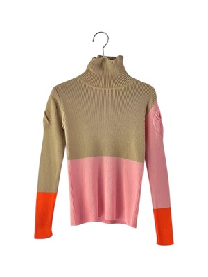 MULTI COLOR SWELL SHOULDER HIGH-NECK KNIT col.Lt.BROWN-PINK-ORANGE / F1