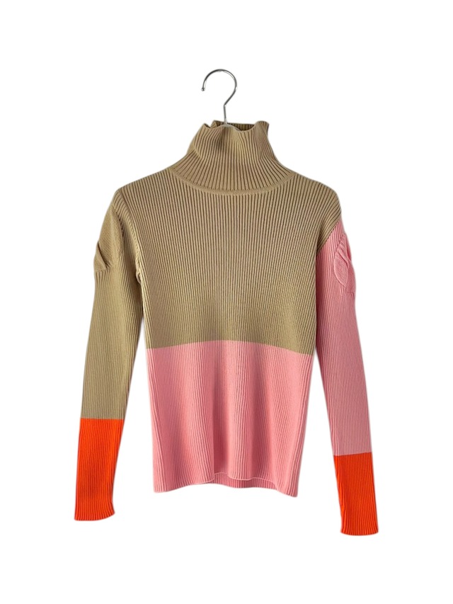 MULTI COLOR SWELL SHOULDER HIGH-NECK KNIT col.Lt.BROWN-PINK-ORANGE / F1