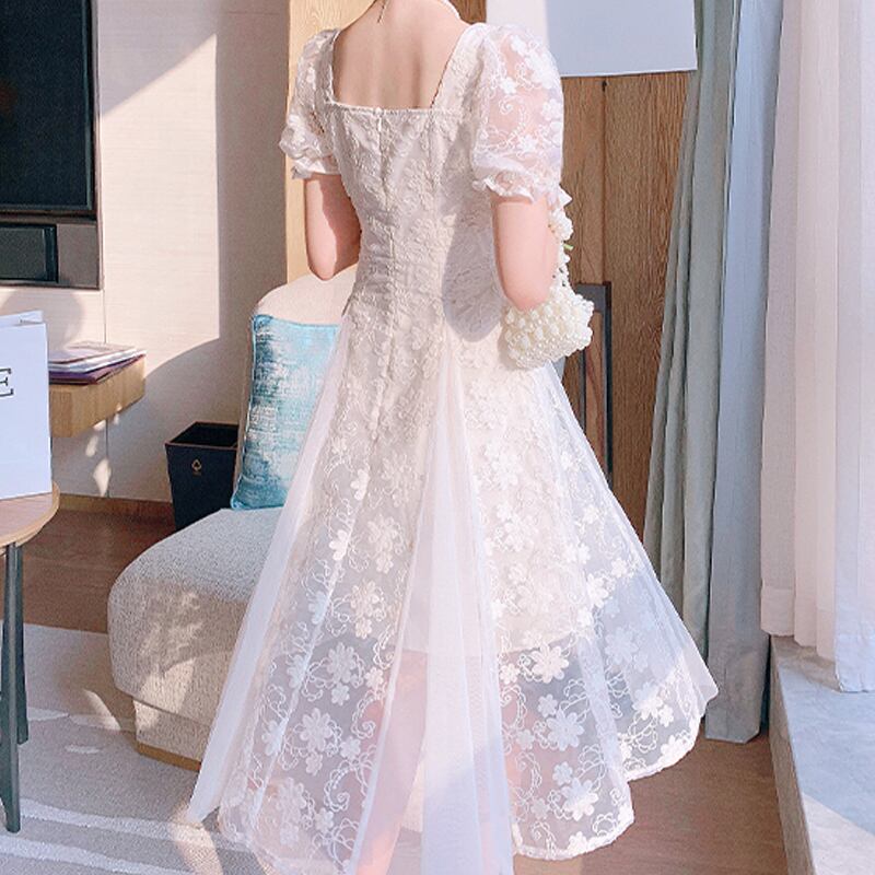 送料無料 2022 半袖フレンチロングドレス女性の夏の甘い花刺繍メッシュ