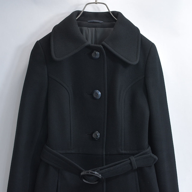 70～80s 西ドイツ製 Striwa International ストリワ メルトンウール ベルテッド ロングコート アウター 外套 ブラック ジャーマンヴィンテージ ビンテージ ヨーロッパ古着 レディースXS～S相当