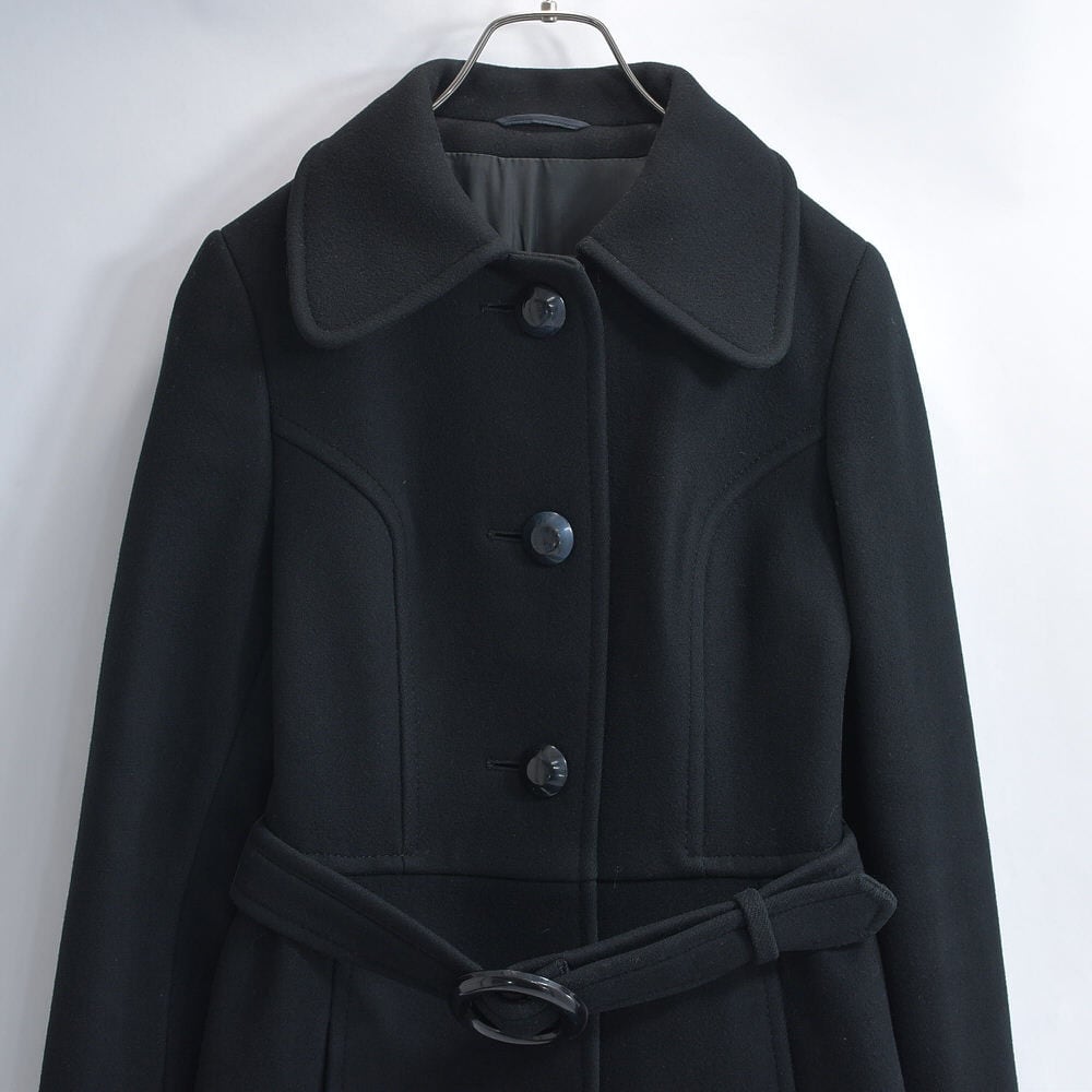 70~80s 西ドイツ製 Striwa International ストリワ メルトンウール ベルテッド ロングコート アウター 外套 ブラック ジャーマンヴィンテージ ビンテージ ヨーロッパ古着 レディースXS~S相当