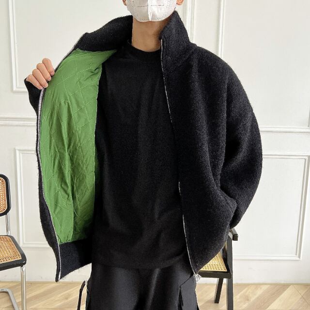 【予約販売】ブルゾン アウター ジップアップ 無地 ニット ハイネック グレー ブラック ジャケット ショート丈 メンズ カジュアル 男前 こなれ感 お洒落 韓国 トレンド 秋 冬 M/L/XL