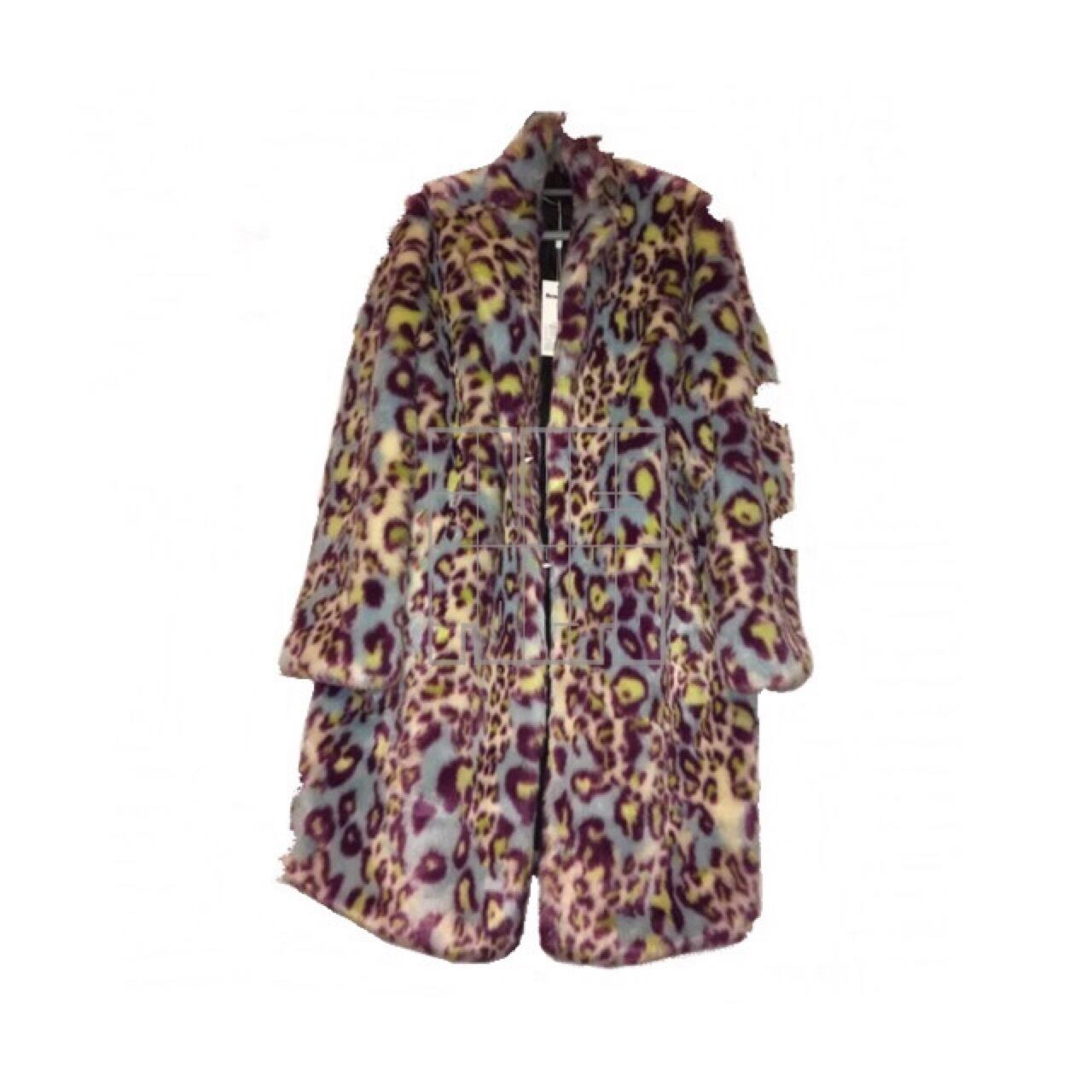 伊太利屋黒ロングコートレオパード柄フォックスファー新品大きい