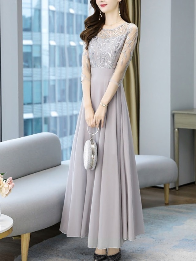 シフォン☆ドレス ワンピース ロング 刺繍 シースルー グレー