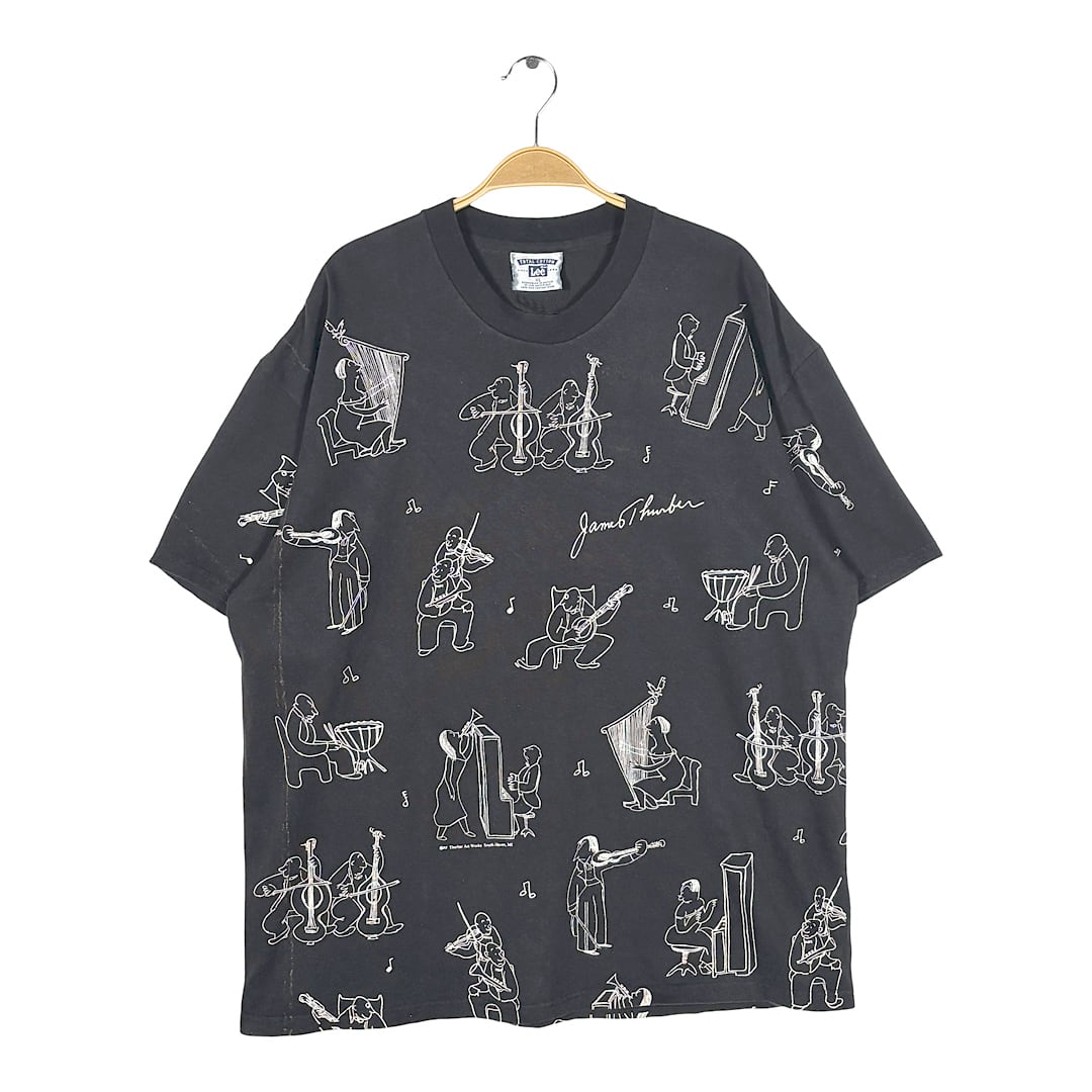 90s ジェームスサーバー オーケストラ総柄 メキシコ製 ヴィンテージ Tシャツ アートT イラスト ブラック サイズXL BZ0682