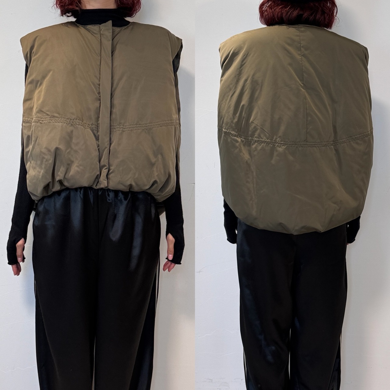 ノーカラーマットファイバーダウンvest/オリーブ