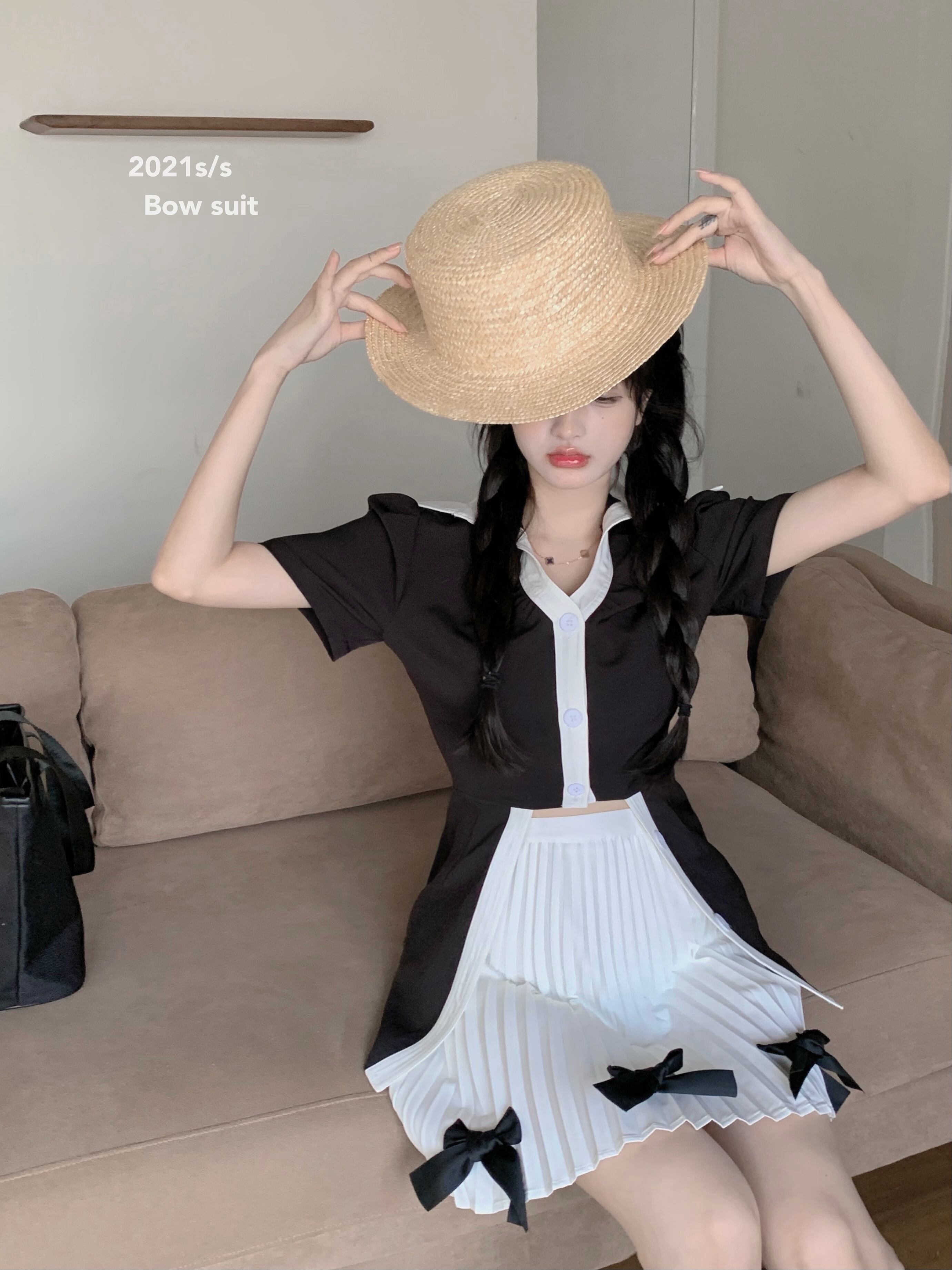 プリーツスカート ハイウェストウェスト薄手ホワイトAラインショートサマー リボン 夏物 ブラックストロベリース8437762746