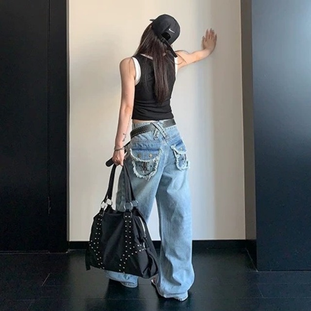 ダメージライクフラップポケットワイドデニムパンツ 1col R02442