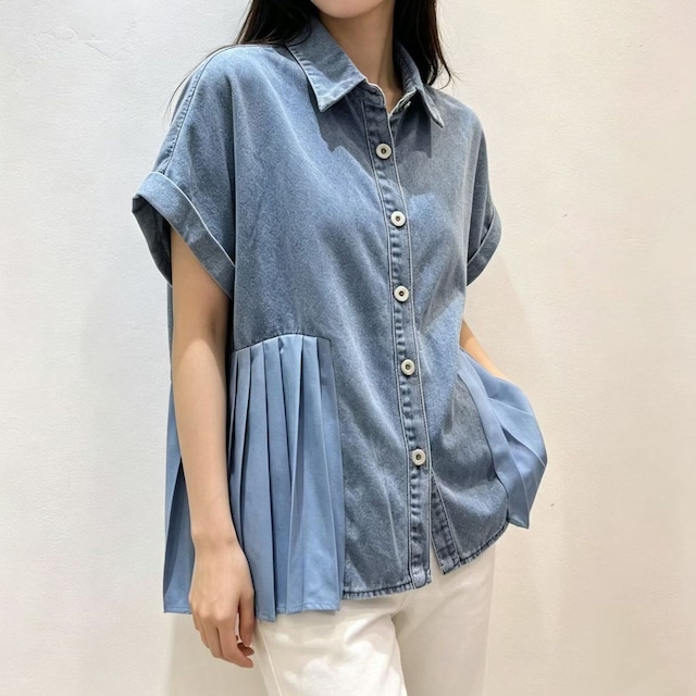 PLEATED DENIM SHORT SLEEVE RELAXED SHIRT M-17547
