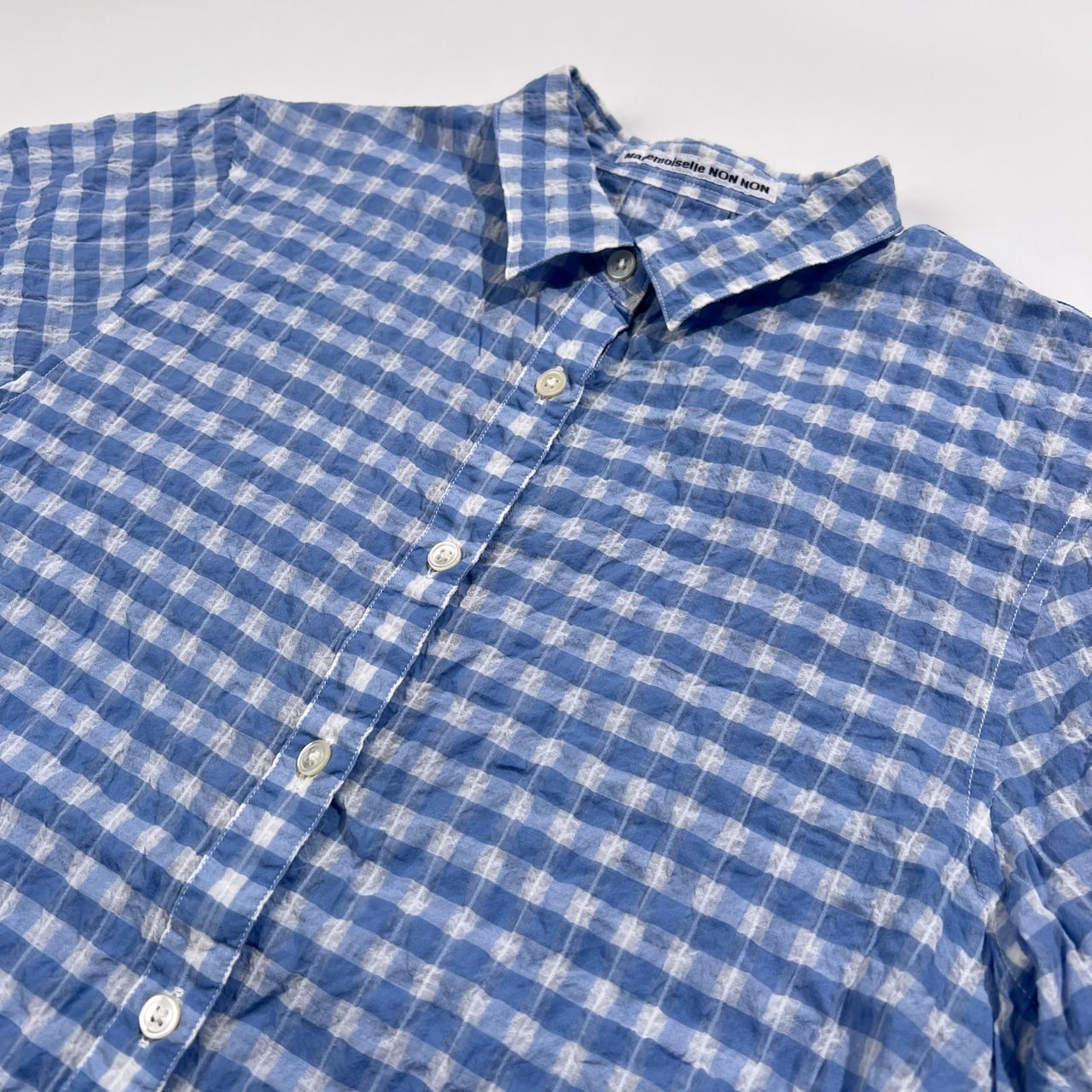 美品 Mademoiselle NON NON マドモアゼルノンノン チェック シアサッカー 半袖シャツ サイズ 38 M /水色ブルー×ホワイト
