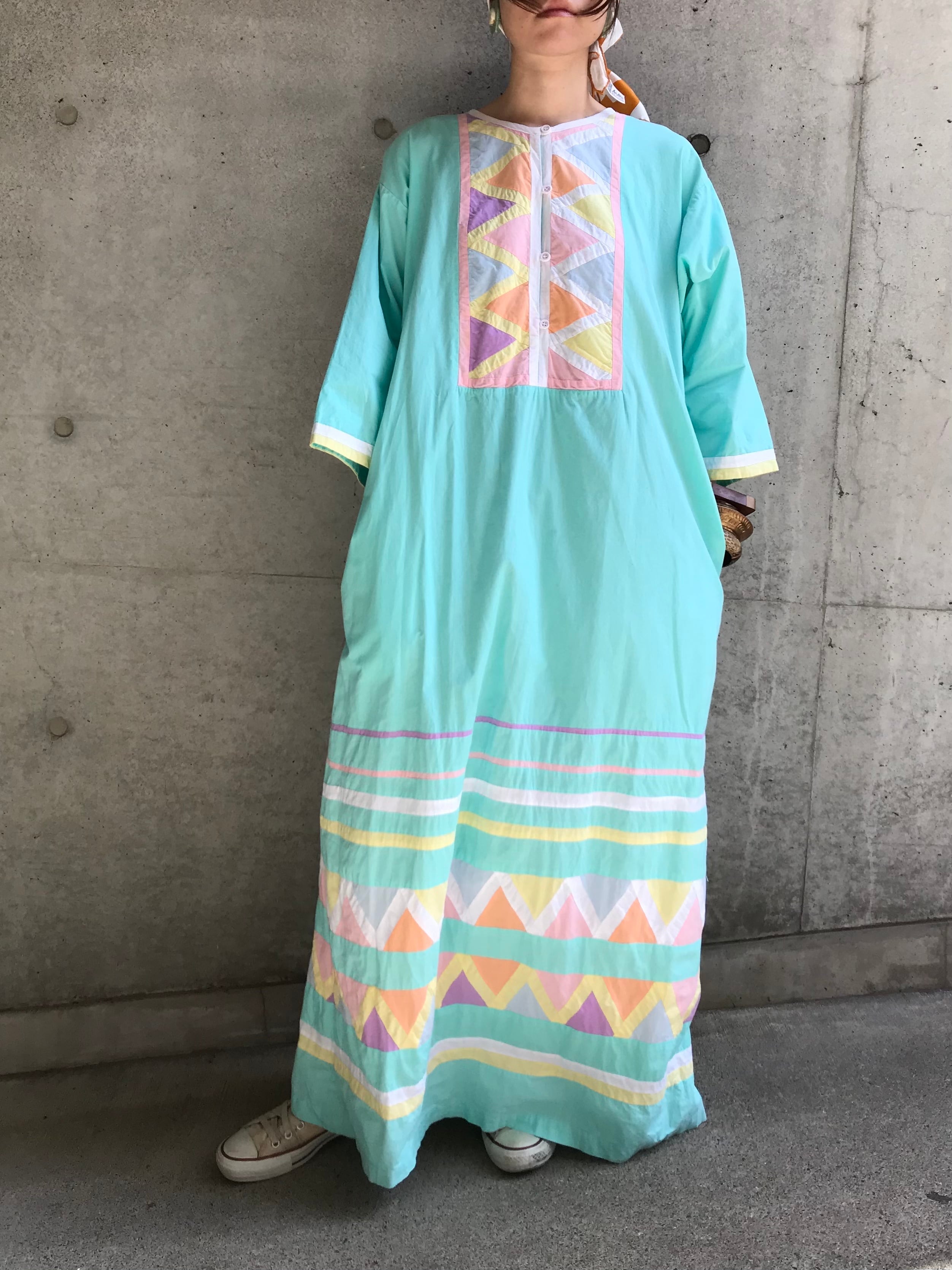 70s ice blue × patchwork indian cotton dress ( ヴィンテージ アイス