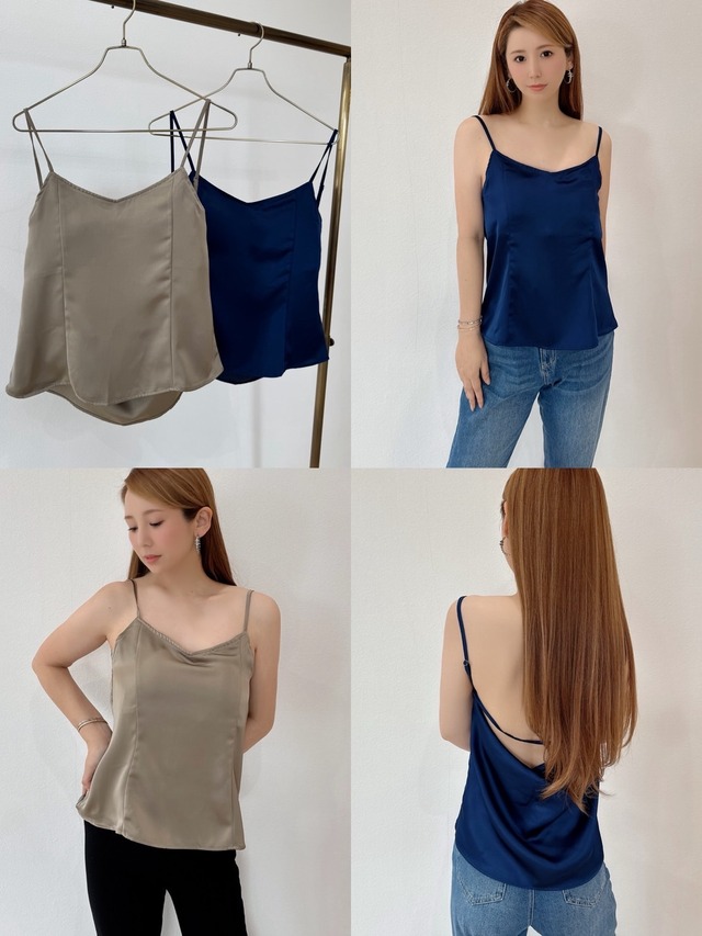 新作SUMMER SALE！カップ付き美ラインドレープサテンキャミ　¥5,800+tax