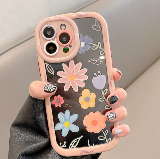 iPhoneケース iPhone14 iPhone13 花柄 水彩 絵の具 フチ太 春 かわいい スマホケース おしゃれ 韓国 2466