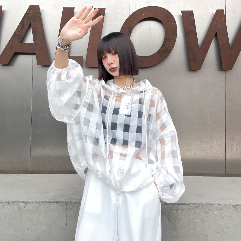 ホワイトレディースサマー薄手ルーズメッシュトップス 夏物 ラブタオタオダレンハウス80440612755