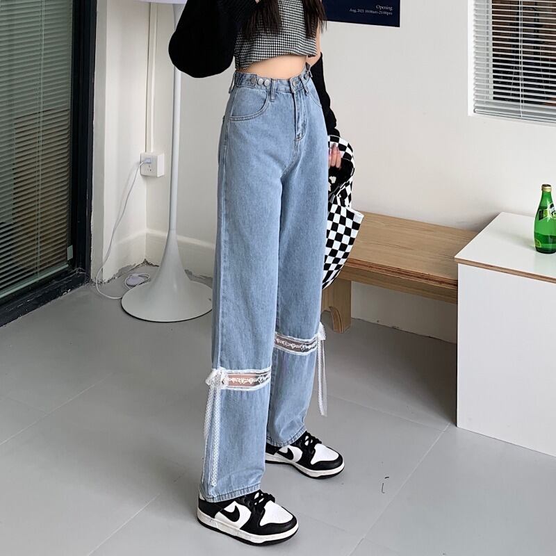 レースジーンズ オータムハイウェストウェストルーズパンツ 秋物 ステッチ 萌量不足43734250851