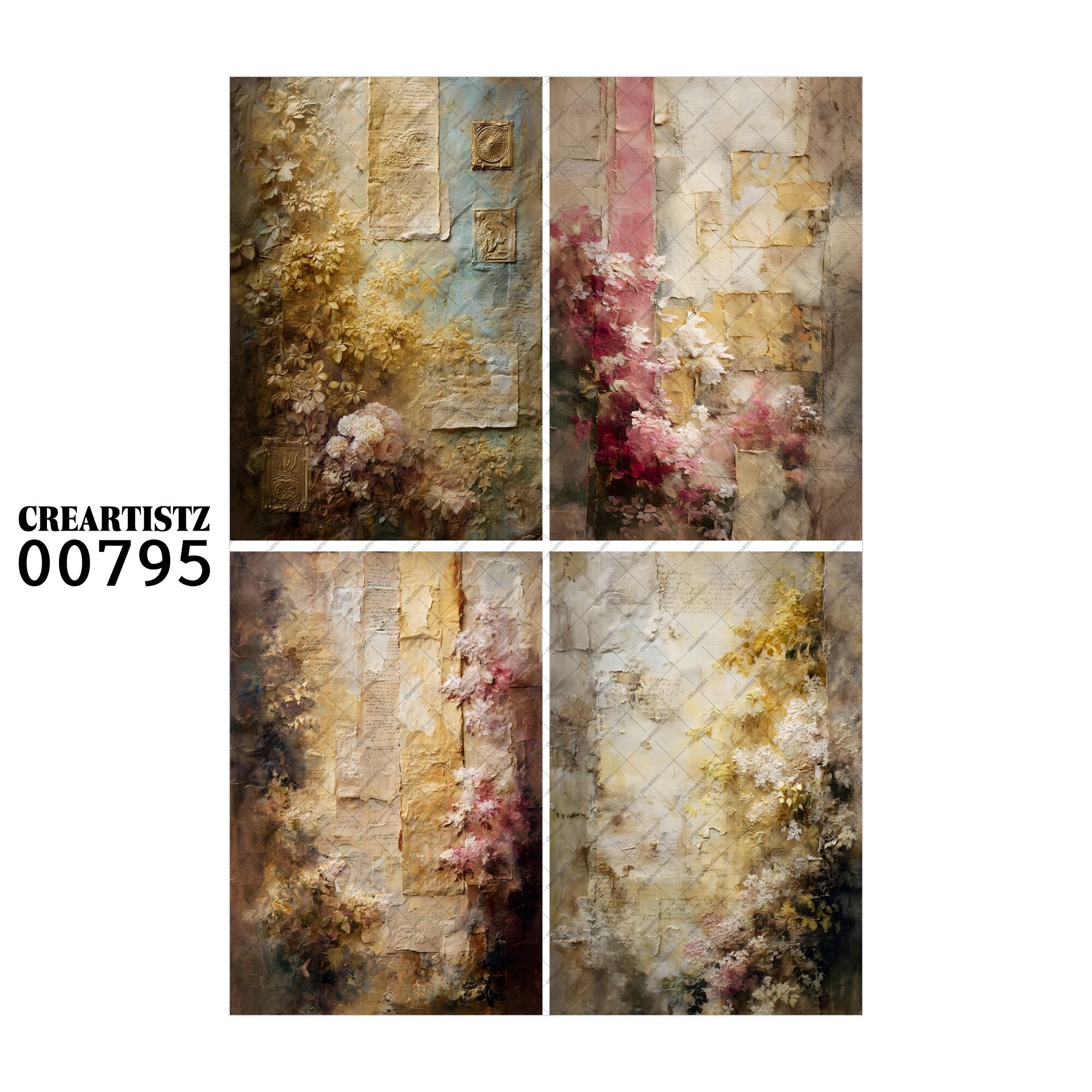 00795 背景 コラージュ素材 オリジナル 12枚セット (4種類×3枚) ペーパー/ステッカー CREARTISTZ