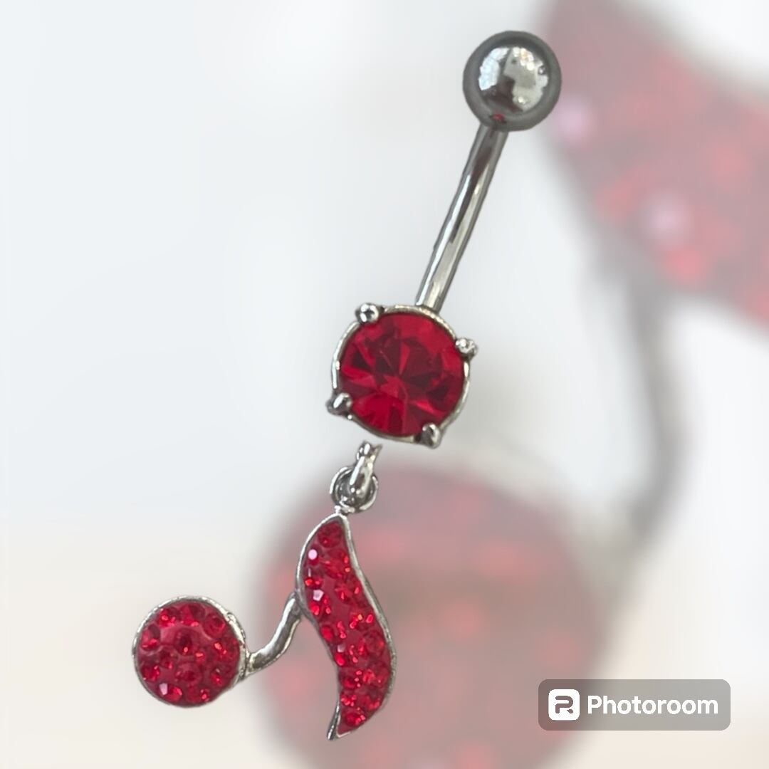 14G 夏の必需品!! へそピアス 音符チャーム レッド サージカル
