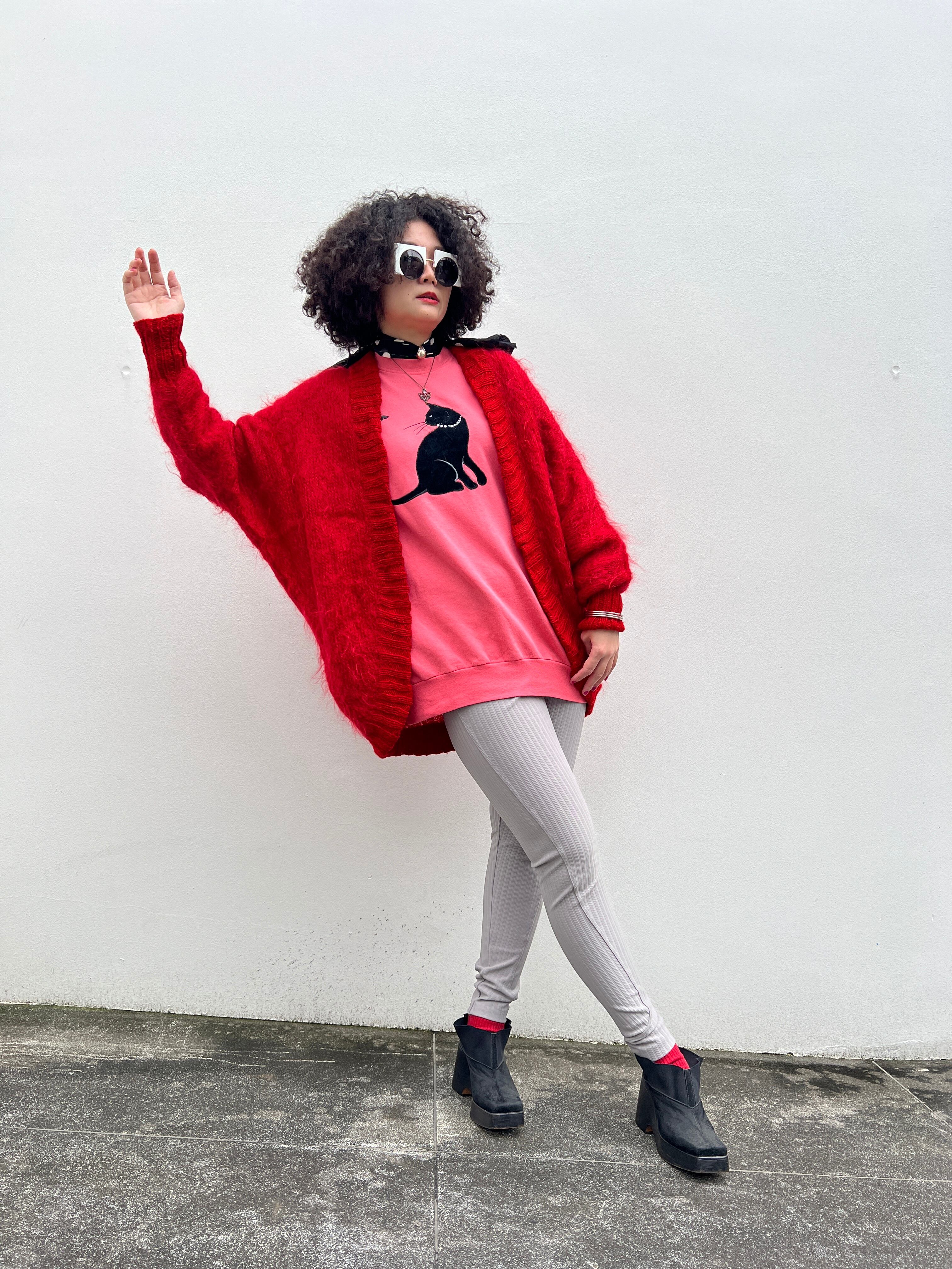80s red dolman sleeve mohair cardigan