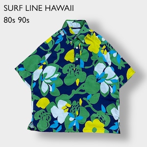 【SURF LINE HAWAII】80s 90s USA製 アロハシャツ ハワイアンシャツ ハーフボタン シングルステッチ ボタンダウン 半袖 柄物 フラワー リーフ M サーフラインハワイ ヴィンテージ  US古着