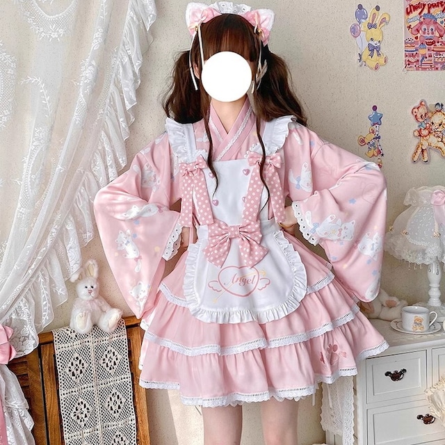 With U ゴスロリ ファッション メイド服 セットアップ 3点 双子コーデ 着物風 ガーリー 甘め 原宿スタイル かわいい おしゃれ着 地雷系