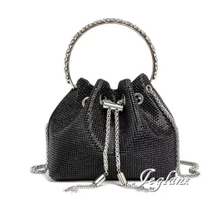 4色 巾着バック メタル 持ち手付き ラインストーン 光沢感 2way ♪(MA194)ξ