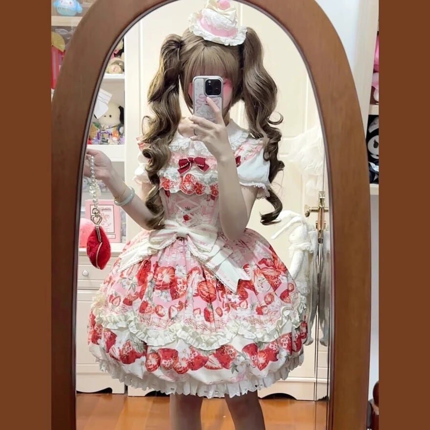 ロリータファッション 甘ロリ苺柄フリルワンピース | ロリィタデビュー