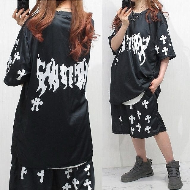 SET UP】くり抜きロゴ バックロゴTシャツ＆ロゴハーフパンツ 上下