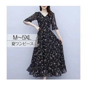 ワンピース リゾートワンピース 半袖 レディース M-5XL ロング丈 Vネック 花柄 ゆったり かわいい 26LT988