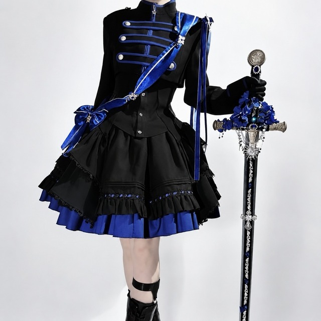 漆黒に紅を纏う近衛隊 軍服風ゴスロリ ネイビースカート6点セット｜予約商品11月以降出荷