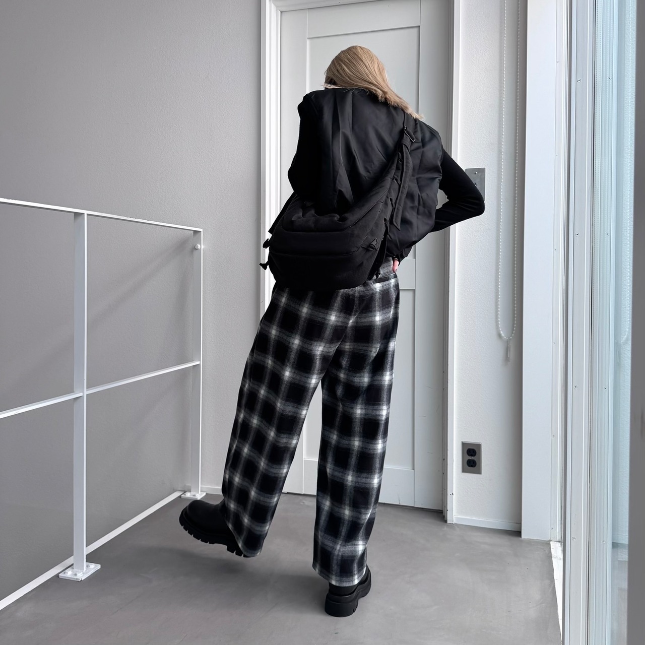 Double pleated ombre check PT/black