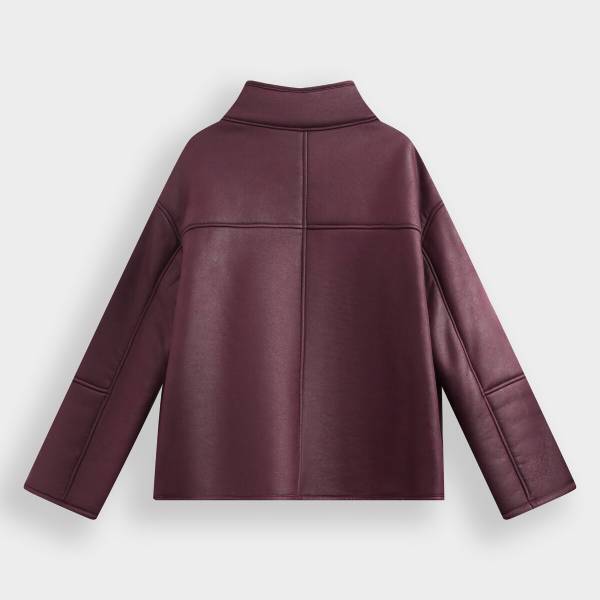 ワインレッド エコムートン×ボア オーバーサイズジャケット ハイネック