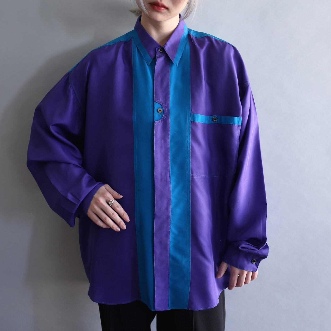 bi-color switching design silk shirt