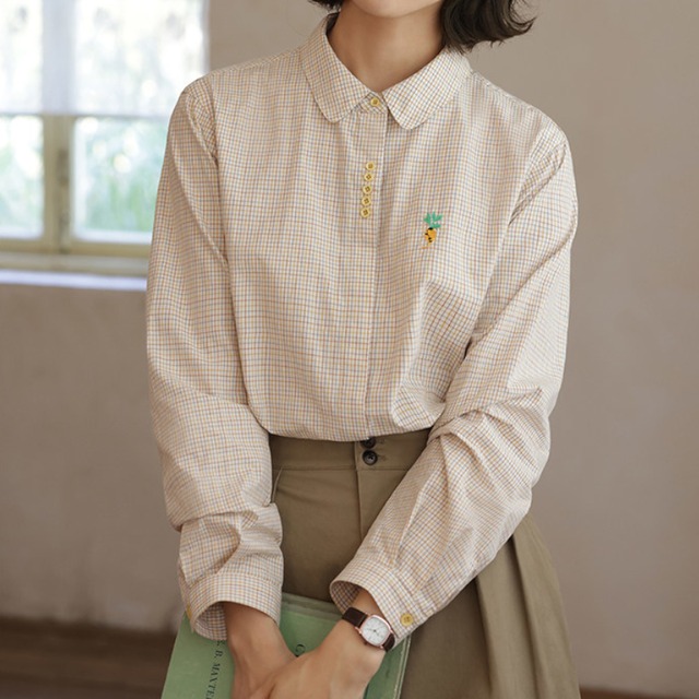 刺繍入りギンガムチェックシャツ　M2190