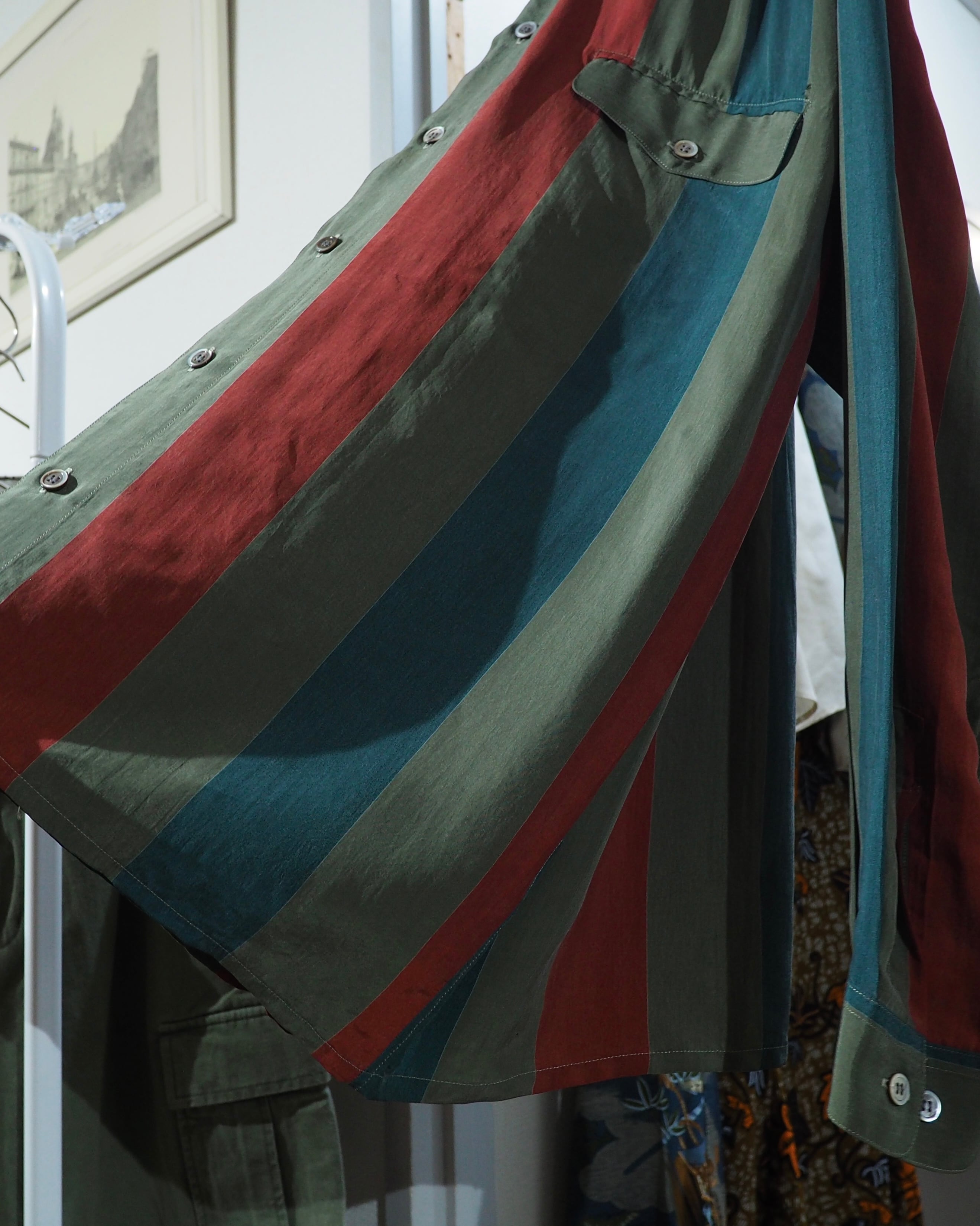 1980s ” BARBANO ” Tricolore stripe pattern vintage Drape loose Shirt