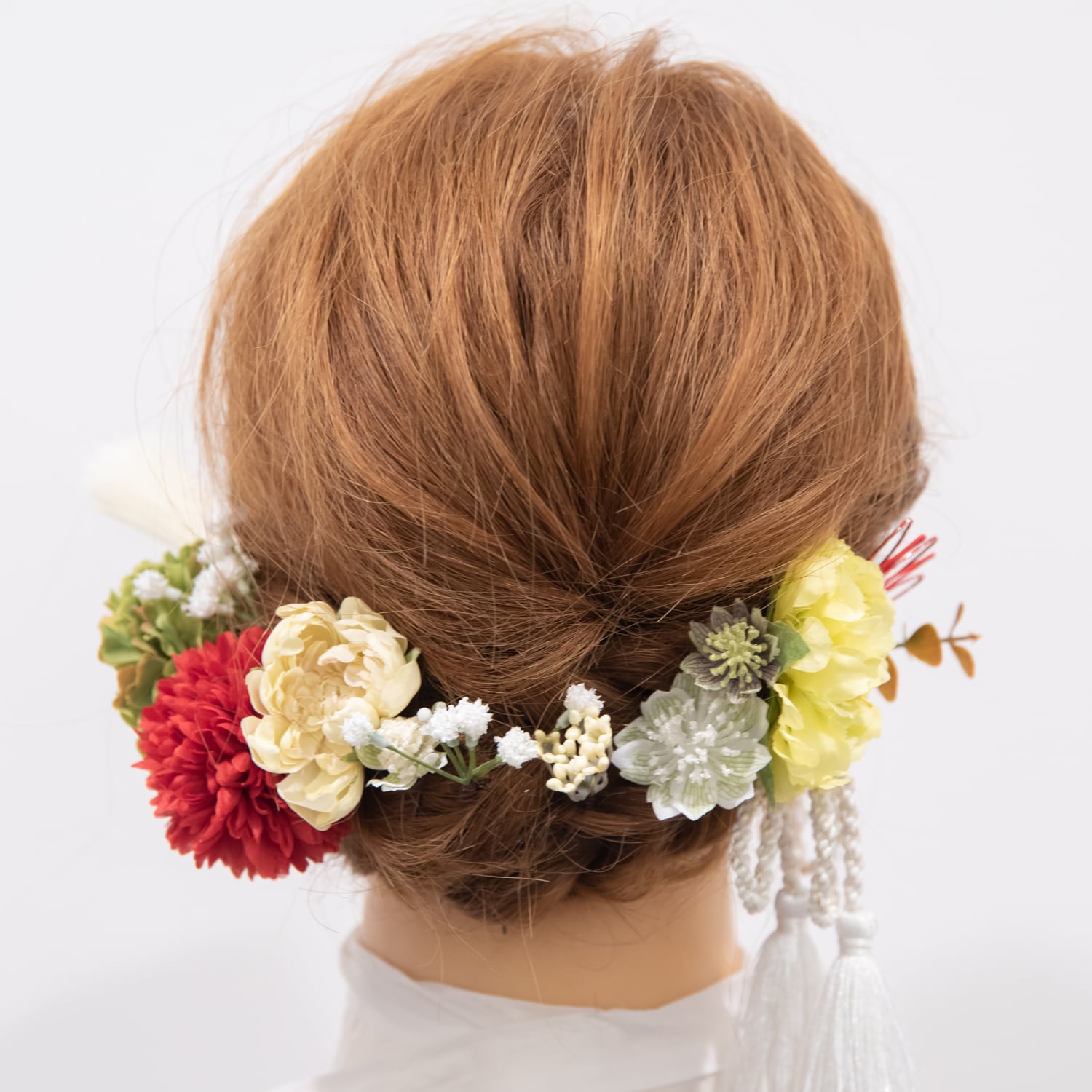 【成人式や前撮りの振袖のヘッドパーツ・ダウンスタイルW】ドライフラワー風アーティフィシャルフラワー（ラナンキュラス・スカビオサ）＆ 水引・組紐の髪飾り・卒業式の袴や和装結婚式・前撮りの白無垢・色打掛のヘッドドレスにも✳︎