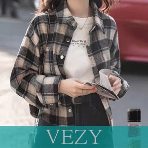 チェックシャツ ショート丈 長袖トップス レディースライトアウター ヴィンテージライク 羽織り 体型カバー 韓国風 シャツジャケット 大人カジュアル 襟付きシャツ シャツ VEZY ベジー  ItemNo.【23786126】