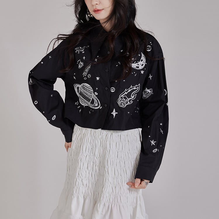 星柄プリントシャツ レディース個性派デザインショート丈長袖トップス ◆2col R30028