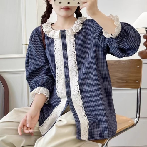 2色／センターレースチェック柄ブラウス ・8939