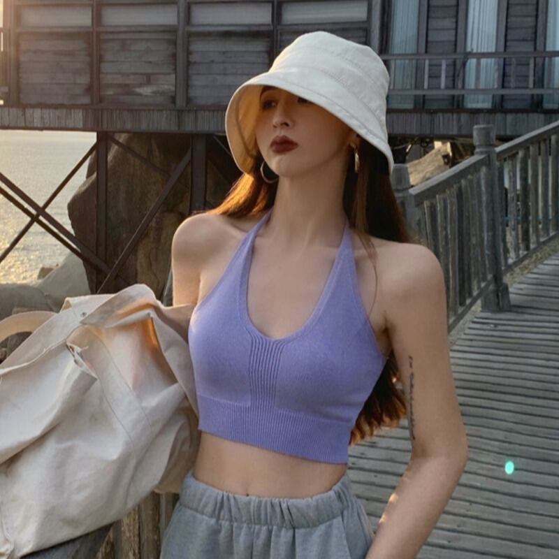 Vネックノースリーブニットシャツ サマーショートホルタートップス 夏物 YY-ファッション43731409352