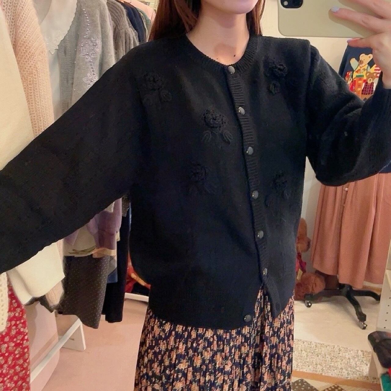 black flower motif knit cardigan