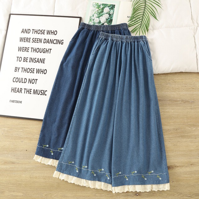 フラワー刺繍レース裾ワイドデニムパンツ 2col 1225
