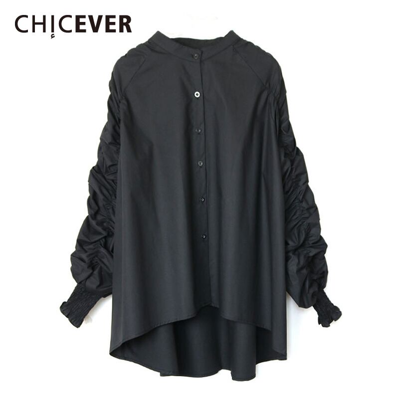 CHICEVERシャーリング非対称レディースシャツスタンドカラーパフ長袖オーバーサイズルーズブラウス2020服 ロング 6base599284869490