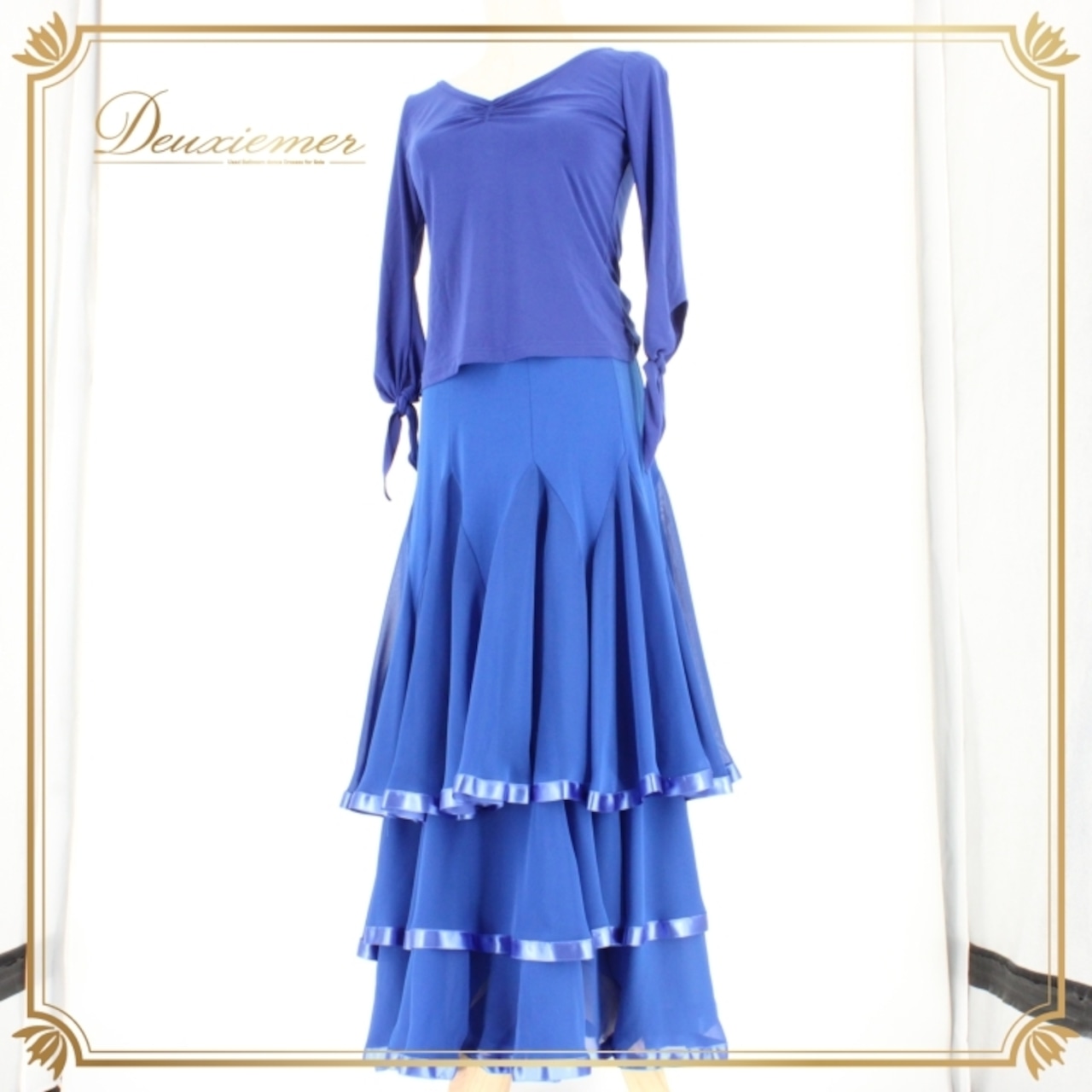 社交ダンス 衣装 スタンダード 上下セット ツーピース レッスンウェア パーティ衣装 レース 青 Create-Sun クリエイトサン ブルー系 上下セット ダンスウェア スカート トップス レディース ポリエステル ロイヤルブルー ストレッチ パーティー用 発表会 レッスン 生地 薄手 おしゃれ かわいい 使いやすい