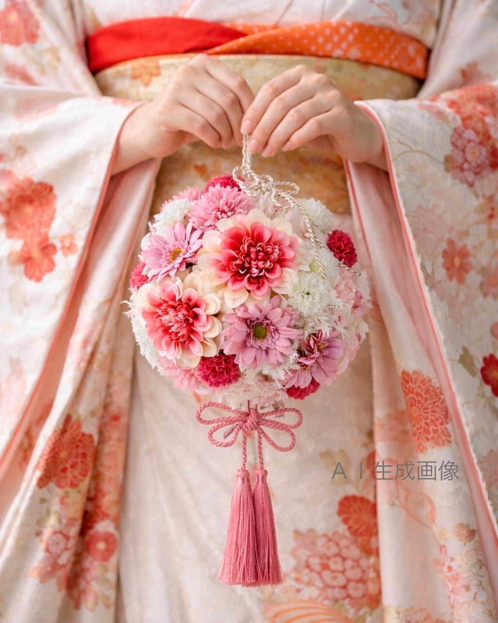 和装の前撮りなどにぴったりの可愛いピンクボールブーケ 造花ブーケ