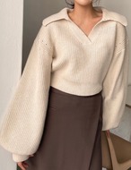 【Last】Balloon-Sleeve Crop Wool Knit_Beige