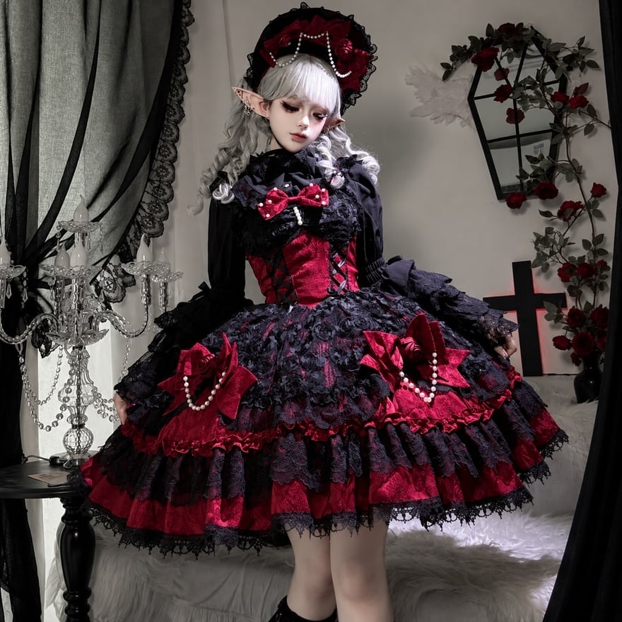 薔薇姫の深紅夜会 ローズレース多段フリルゴスロリジャンパースカート