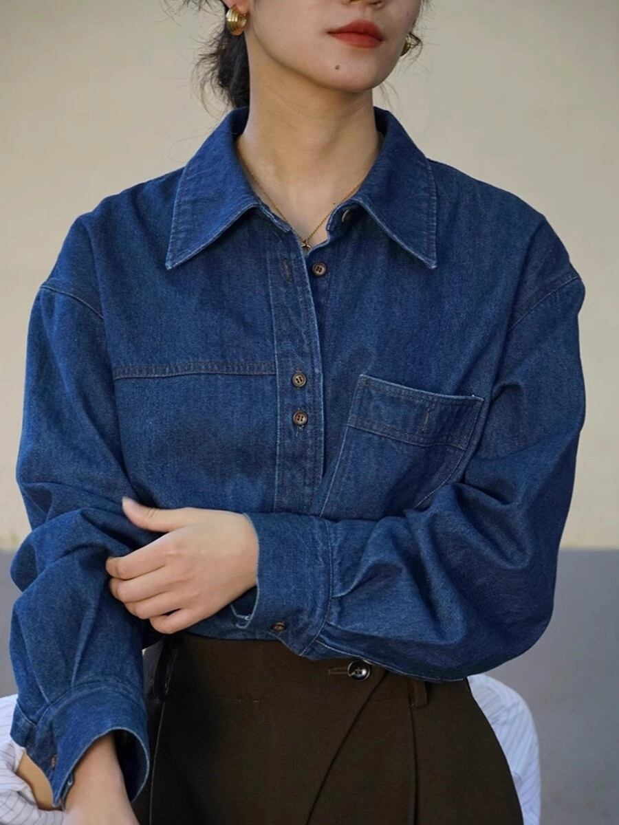 長袖 デニムシャツ レディース トップス シャツ 羽織 丈長 襟