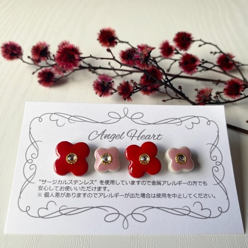 美濃焼きタイルピアス お花（レッド＆ピンク） 画像