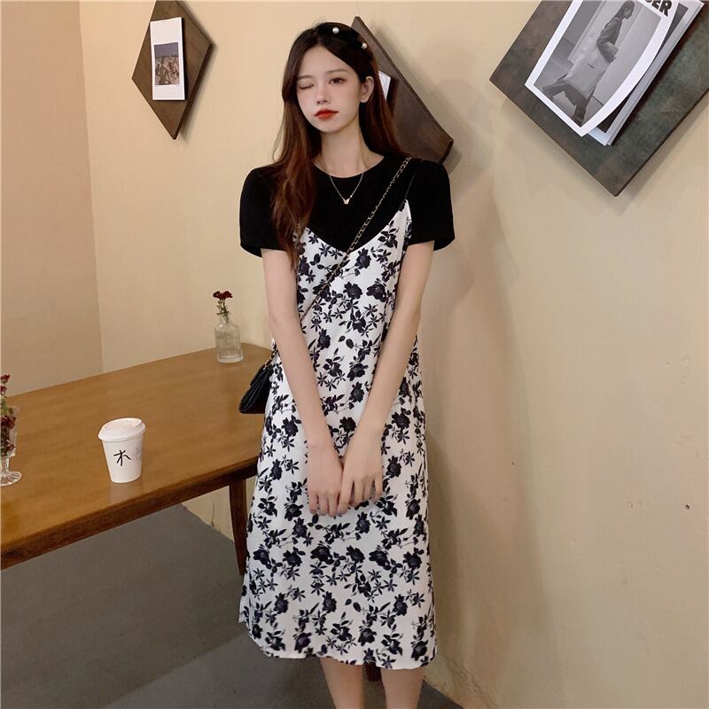 スカート サマーフローラルブラックTシャツ 夏物 花柄 1号婦人60068871673