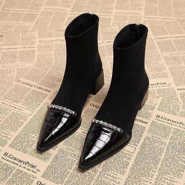 rhinestone square heel short boots m0969